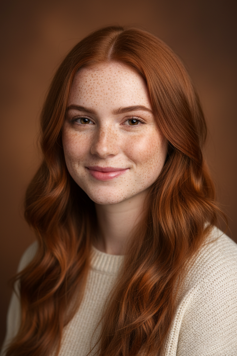 Femme rousse avec taches de rousseur sur fond marron